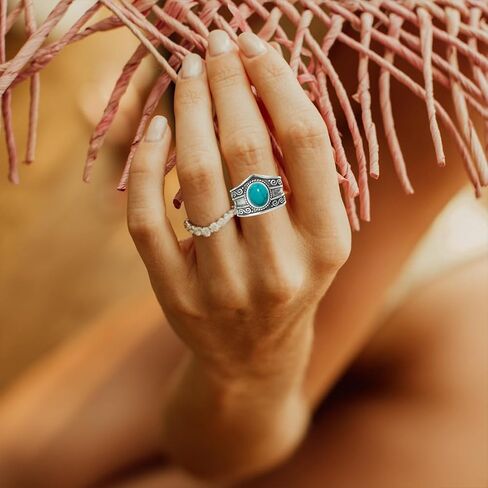 DALEGEM Oval Genuine Turquiose Stone Gemstone Ring,S925 Sterling Silver Retro Natural Oval Quartz Crystal Gemstone Stone Boho Wide Band Ring Jewelry Gift for Women in Saudi Arabia