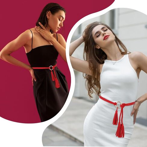 TIESOME Women's Tassel Braided Waist Belt, Skinny Handwoven Belt with Ring for Dress Waist Belt in Saudi Arabia