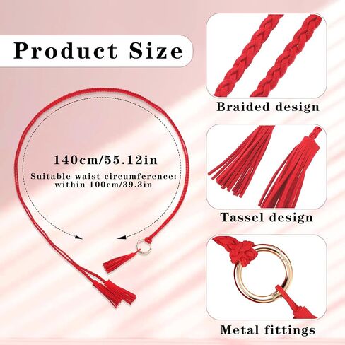 TIESOME Women's Tassel Braided Waist Belt, Skinny Handwoven Belt with Ring for Dress Waist Belt in Saudi Arabia