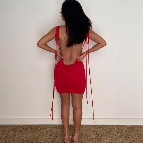 JUMISEE Women Sexy Backless Draped Mini Dress Elegant Sleeveless Spaghetti Strap Bodycon Evening Dress Club Party Dress in Kuwait