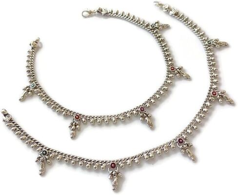 زوج من خلخال سلسلة الكاحل | مجوهرات قدم الشاطئ بوهو الغجر الهبي | لمسة نهائية مؤكسدة عتيقة مطلية بالفضة | أعمال لحام دقيقة مصنوعة يدويًا | بوليوود بايال in Kuwait