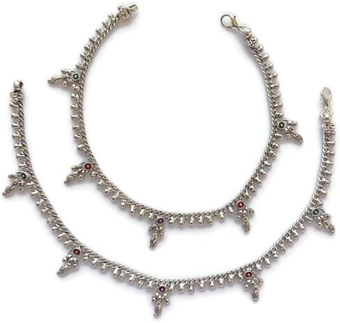 زوج من خلخال سلسلة الكاحل | مجوهرات قدم الشاطئ بوهو الغجر الهبي | لمسة نهائية مؤكسدة عتيقة مطلية بالفضة | أعمال لحام دقيقة مصنوعة يدويًا | بوليوود بايال in Kuwait