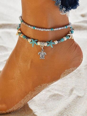 Turquoise Starfish Anklet Bracelet Boho Turtle Charm Beach Anklets Foot Jewelry for women Layered Beads Turquoise Bracelet in Saudi Arabia