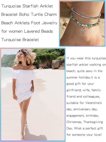 Turquoise Starfish Anklet Bracelet Boho Turtle Charm Beach Anklets Foot Jewelry for women Layered Beads Turquoise Bracelet in Saudi Arabia
