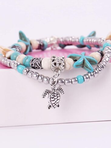 Turquoise Starfish Anklet Bracelet Boho Turtle Charm Beach Anklets Foot Jewelry for women Layered Beads Turquoise Bracelet in Saudi Arabia