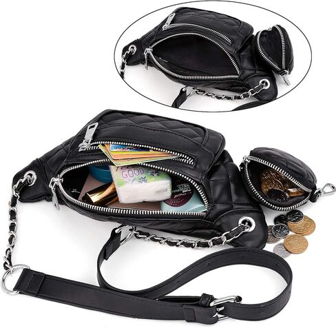حقيبة خصر للسفر خفيفة الوزن من Fanny-Pack-for-Women-Leather نباتية UTO مع محفظة للعملات المعدنية بسحاب باللون الأسود in Kuwait