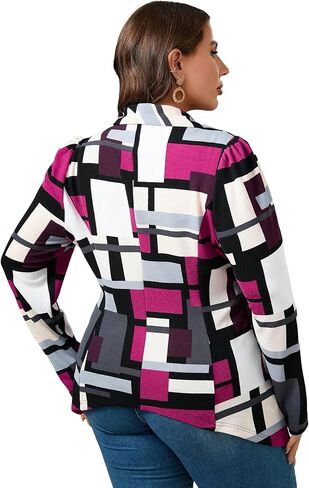 WDIRARA Women's Plus Size Geo Print Open Front Blazer Long Sleeve Shawl Collar Asymmetrical Hem Retro Coat Outerwear in Saudi Arabia