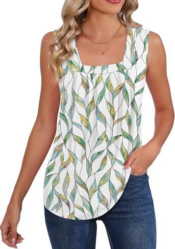 AKEWEI Summer Tank Top for Women Square Neck Sleeveless Tops Flowy Pleated Tunic Loose Fit S-3XL in Kuwait