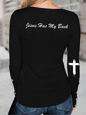 Jesus Has My Back Shirt Womens Long Sleeve, Blessed Shirts for Women Jesus Has My Back, Christian Casual Letter Print Shirt in Saudi Arabia