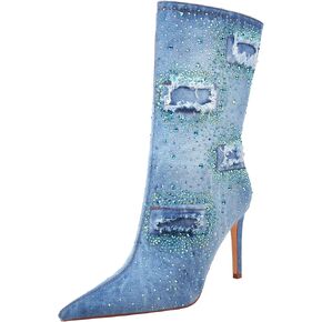 vivianly Women's Pointed Toe Denim Boots Stiletto Heel Glitter Mid-Calf Booties in Saudi Arabia