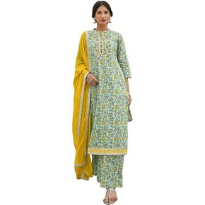Janasya Valentines Day Gifts Light Green Cotton Floral Print Kurta with Flared Palazzo and Dupatta in Saudi Arabia