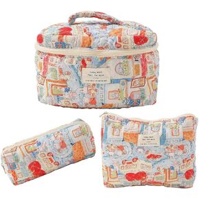 GISMTR 3Pcs Cotton Quilted Makeup Bag Large Travel Cosmetic Bag Coquette Makeup Pouch Cute Aesthetic Floral Toiletry Bag for Women Girls