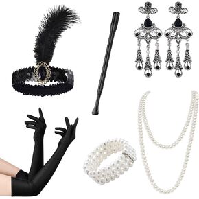 مجموعة إكسسوارات فلابر من INOGIH 1920s للنساء، إكسسوارات Great Gatsby 20's Flapper Theme مجموعة عقال قفازات قلادة