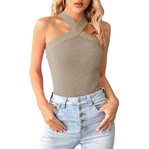 Bodosalia Women Criss Cross Halter Tank Top Solid Ribbed Sleeveless Shirts Summer Casual Basic Cami in Kuwait