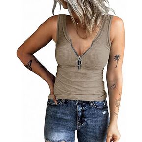 تي شيرت نسائي هينلي بدون أكمام بسحاب أمامي مضلع ورقبة على شكل حرف V تي شيرت صيفي بقصة ضيقة قمصان متماسكة in Kuwait