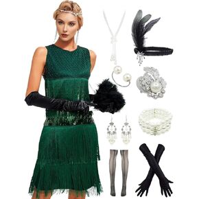 1920s Vintage Inspired Sequin Embellished Fringe Gatsby Flapper Tassel Dress w/ 20s Accessories Set in Kuwait
