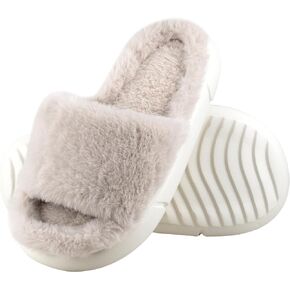 Nyicey Fuzzy House Slippers for Women Plush Comfy Faux Fur Open Toe Lined Slide Shoes Anti-Skid Sole Memory Foam House Bedroom Slippers for Ladies in Kuwait