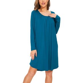 GYS Women's Nightgown Long Sleeve - Viscose Made from Bamboo, Soft Pleated Night Shirt House Dress Comfy Sleepwear