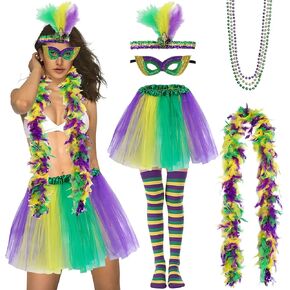 DreamJ Mardi Gras Costume Accessory Set for Women with Mardi Gras Tutu Skirt, Long Socks, Sequin Mask, Feather Boa, Faux Feather Headband and Mardi Gras Beads Costumes Outfits in Kuwait