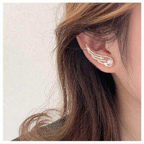 Allereyae Vintage Crystal Angel Wing Ear Cuff Earrings Cz Pearl Stud Earrings Rhinestone Wing Ear Climber Earrings Gold Pearl Wing +Crawler Earrings Jewelry for Women and Girls (Right)