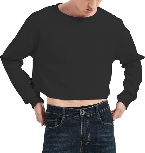 QOYDOY Men's Cropped Cut-Off Hoodie Solid Color Long Sleeves Drawstring Casual Sweatshirts Crop Tops in Saudi Arabia