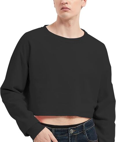 QOYDOY Men's Cropped Cut-Off Hoodie Solid Color Long Sleeves Drawstring Casual Sweatshirts Crop Tops in Saudi Arabia