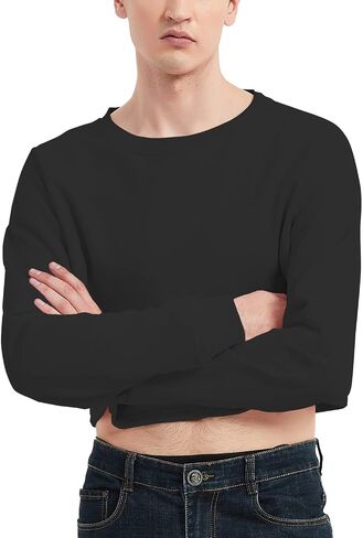 QOYDOY Men's Cropped Cut-Off Hoodie Solid Color Long Sleeves Drawstring Casual Sweatshirts Crop Tops in Saudi Arabia