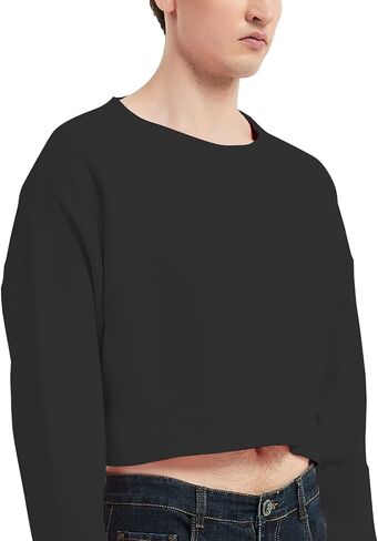 QOYDOY Men's Cropped Cut-Off Hoodie Solid Color Long Sleeves Drawstring Casual Sweatshirts Crop Tops in Saudi Arabia