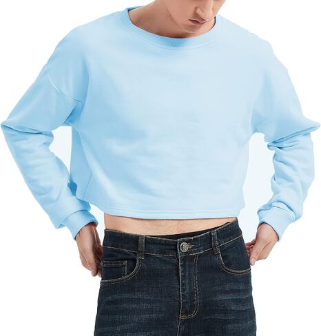 QOYDOY Men's Cropped Cut-Off Hoodie Solid Color Long Sleeves Drawstring Casual Sweatshirts Crop Tops in Saudi Arabia