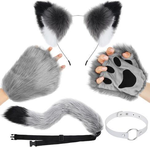 Toulite 4 Pcs Halloween Wolf Costume Include Wolf Tail Choker Necklace Ears and Gloves Set for Adult Women Men Fancy Party Supplies Gift Cosplay Accessories in Saudi Arabia