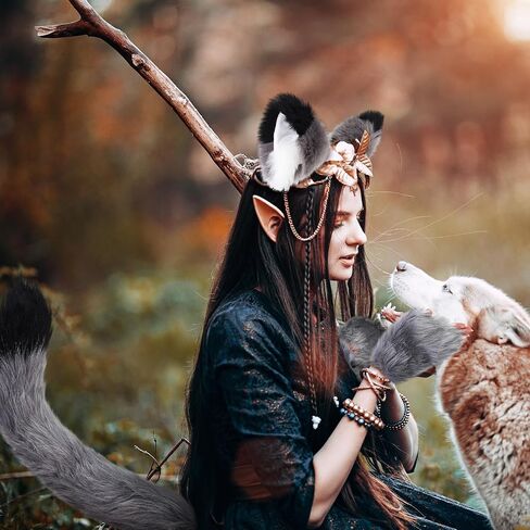 Toulite 4 Pcs Halloween Wolf Costume Include Wolf Tail Choker Necklace Ears and Gloves Set for Adult Women Men Fancy Party Supplies Gift Cosplay Accessories in Saudi Arabia
