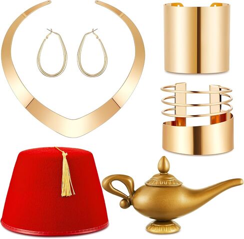 Loetere 6 Pcs Halloween Arabian Princess Costume Accessories and Arabian Prince Costume Set Halloween Cosplay Include Necklace Earrings Bracelets Hat Lamp for Couple Women Men Cosplay Party Dress up in Saudi Arabia