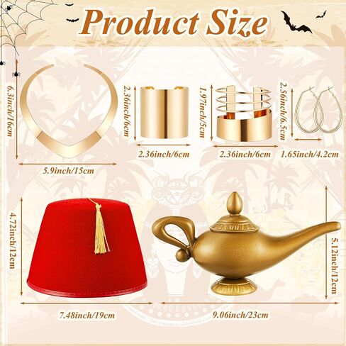 Loetere 6 Pcs Halloween Arabian Princess Costume Accessories and Arabian Prince Costume Set Halloween Cosplay Include Necklace Earrings Bracelets Hat Lamp for Couple Women Men Cosplay Party Dress up in Saudi Arabia
