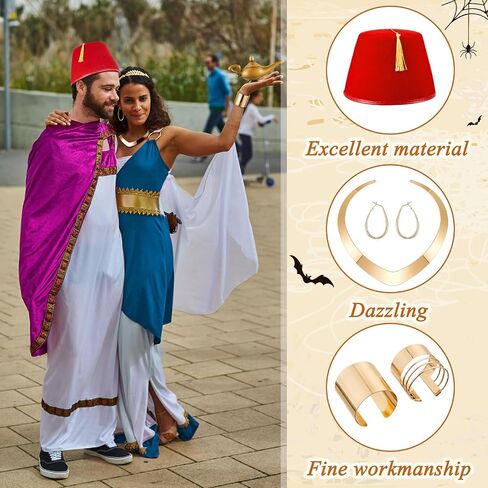 Loetere 6 Pcs Halloween Arabian Princess Costume Accessories and Arabian Prince Costume Set Halloween Cosplay Include Necklace Earrings Bracelets Hat Lamp for Couple Women Men Cosplay Party Dress up in Saudi Arabia