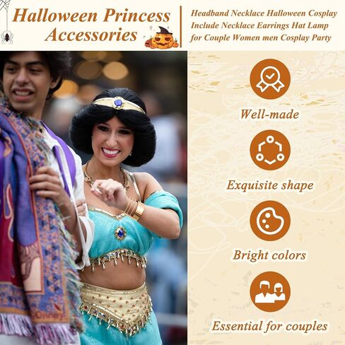 Loetere 6 Pcs Halloween Arabian Princess Costume Accessories and Arabian Prince Costume Set Halloween Cosplay Include Necklace Earrings Bracelets Hat Lamp for Couple Women Men Cosplay Party Dress up in Saudi Arabia