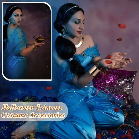Loetere 6 Pcs Halloween Arabian Princess Costume Accessories and Arabian Prince Costume Set Halloween Cosplay Include Necklace Earrings Bracelets Hat Lamp for Couple Women Men Cosplay Party Dress up in Saudi Arabia