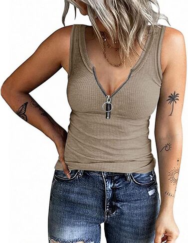 تي شيرت نسائي هينلي بدون أكمام بسحاب أمامي مضلع ورقبة على شكل حرف V تي شيرت صيفي بقصة ضيقة قمصان متماسكة in Kuwait