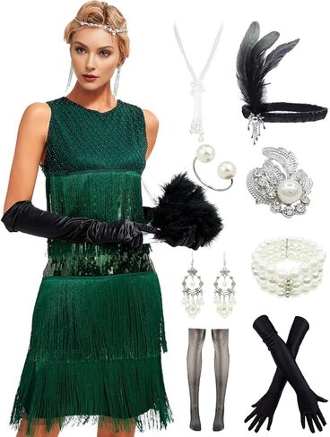 1920s Vintage Inspired Sequin Embellished Fringe Gatsby Flapper Tassel Dress w/ 20s Accessories Set in Kuwait
