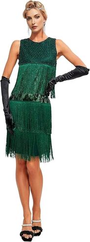 1920s Vintage Inspired Sequin Embellished Fringe Gatsby Flapper Tassel Dress w/ 20s Accessories Set in Kuwait