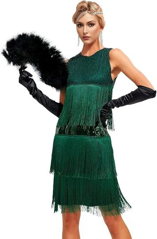 1920s Vintage Inspired Sequin Embellished Fringe Gatsby Flapper Tassel Dress w/ 20s Accessories Set in Kuwait