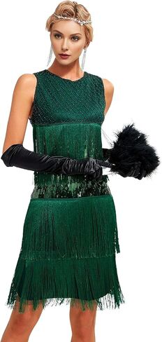 1920s Vintage Inspired Sequin Embellished Fringe Gatsby Flapper Tassel Dress w/ 20s Accessories Set in Kuwait