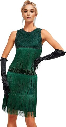 1920s Vintage Inspired Sequin Embellished Fringe Gatsby Flapper Tassel Dress w/ 20s Accessories Set in Kuwait