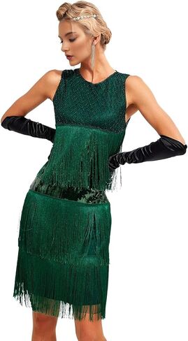 1920s Vintage Inspired Sequin Embellished Fringe Gatsby Flapper Tassel Dress w/ 20s Accessories Set in Kuwait