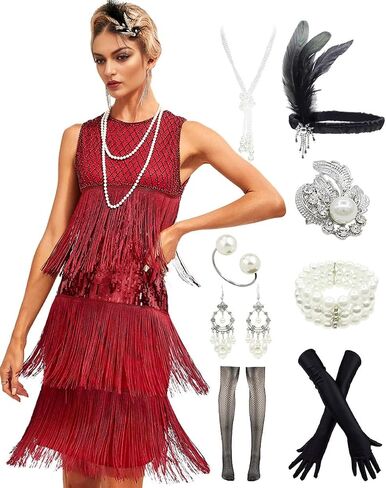 1920s Vintage Inspired Sequin Embellished Fringe Gatsby Flapper Tassel Dress w/ 20s Accessories Set in Saudi Arabia