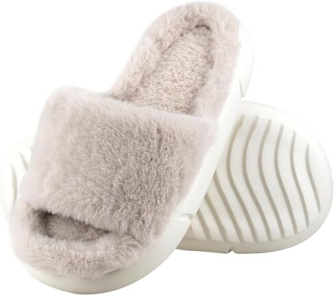 Nyicey Fuzzy House Slippers for Women Plush Comfy Faux Fur Open Toe Lined Slide Shoes Anti-Skid Sole Memory Foam House Bedroom Slippers for Ladies in Kuwait