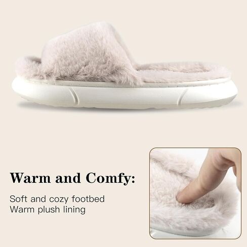 Nyicey Fuzzy House Slippers for Women Plush Comfy Faux Fur Open Toe Lined Slide Shoes Anti-Skid Sole Memory Foam House Bedroom Slippers for Ladies in Kuwait