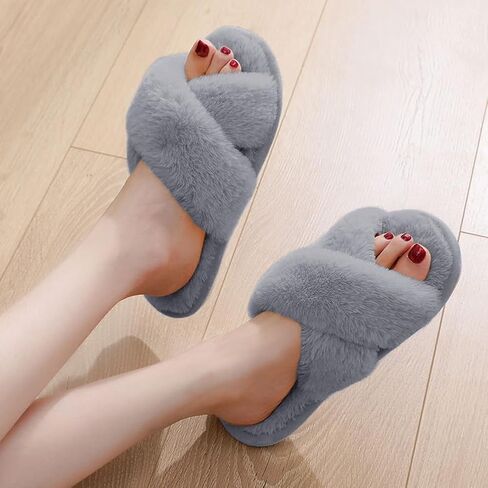 Naichuo Women's Fuzzy Cross Band Plush Slippers Memory Foam House Slippers Fluffy Furry Open Toe Cozy Bedroom Shoes in Kuwait