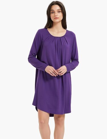 ثوب نوم نسائي بأكمام طويلة من GYS - فسكوز مصنوع من الخيزران، قميص نوم ناعم مطوي، فستان منزلي مريح in Kuwait