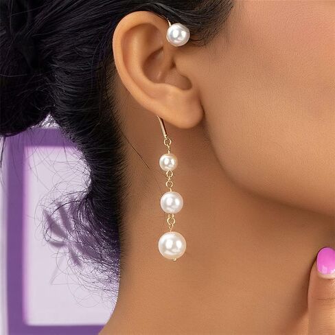 WZNBBOY بوهو الذهب طويل الشرابة اللؤلؤ الأذن الكفة سلسلة الأقراط لذيذ اللؤلؤ غير مثقوب الغضروف أقراط خمر اللؤلؤ انخفاض الأقراط مجوهرات الزفاف للنساء والفتيات in Kuwait