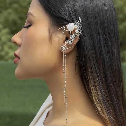 1 Pair Elf Ear Cuffs for Women Fairy Earrings Rhinestone Flower Leaves Elven Ear Cuffs Pearls Tassel Earrings Cuff Wrap Earrings for Halloween Costume Cosplay Wedding in Saudi Arabia
